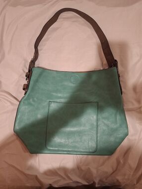 Teal Shoulder Bag with Brown Strap